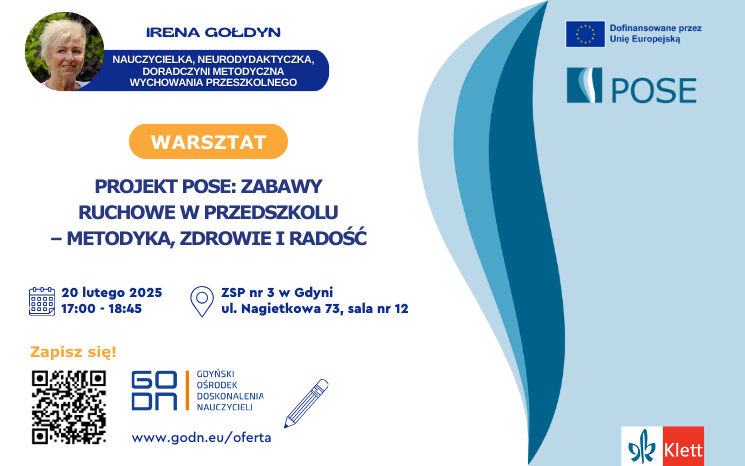 Szkolenie będzie połączeniem teorii i praktyki w odniesieniu do podstawy programowej wychowania przedszkolnego. Będzie to też świetna okazja na zapoznanie z bezpłatnym międzynarodowym projektem POSE: Zabawy ruchowe w zdrowym stylu, który wspiera fundament prawidłowego rozwoju najmłodszych – ich zdrowie i aktywność fizyczną. LICZBA MIEJSC JEST OGRANICZONA!